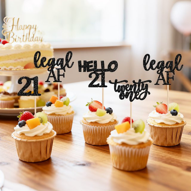 YOMDID 24 Stück Cupcake-Topper zum 21. Geburtstag in Gold und Schwarz mit Hello 21 Legal Af and Twenty One Designs - Bild 1