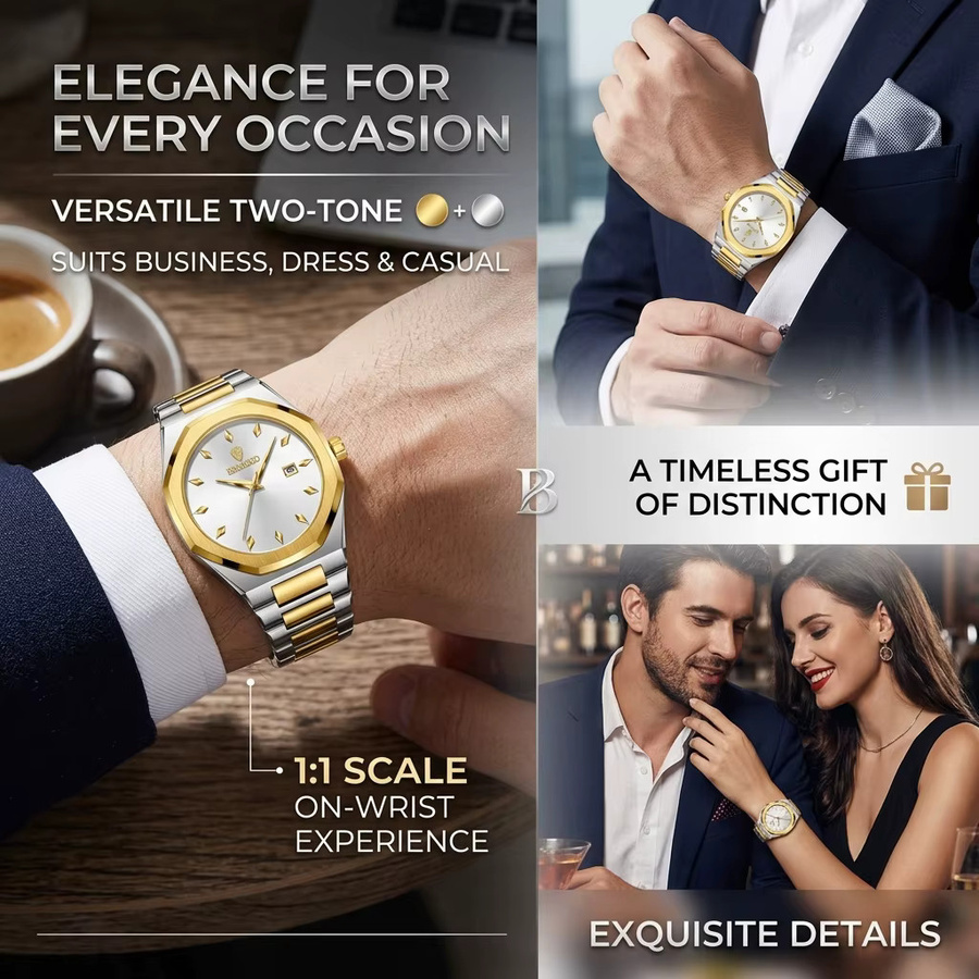 BINBOND Armbanduhr Edelstahl, Bicolor, Gold, Quarz, Herren, Datum - Bild 5