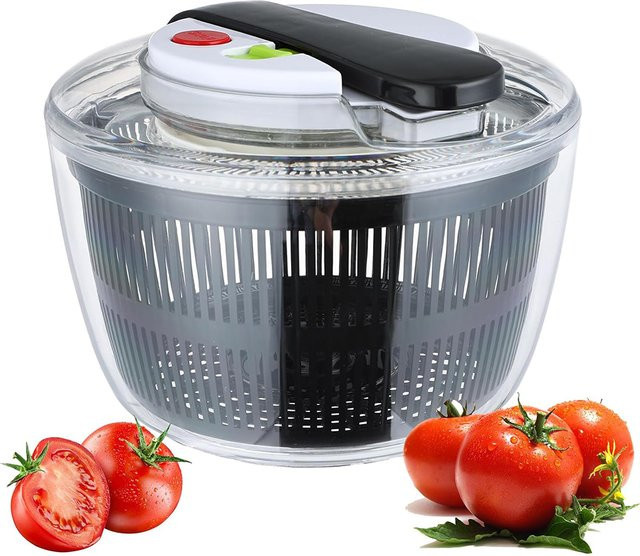 LMETJMA Salatschleuder mit Deckel und Abtropffläche, 3 l, Schwarz/Transparent - Bild 1