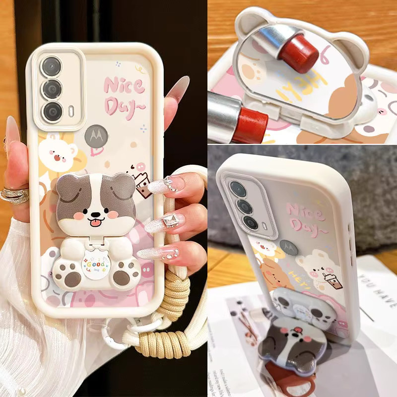 E30 Happy Animal Sky Eye Silikon Handyhülle mit Lanyard für Motorola E13 E14 E40 E22i E15 Edge 60 60F 50 60s 50Neo in Weiß - Bild 2