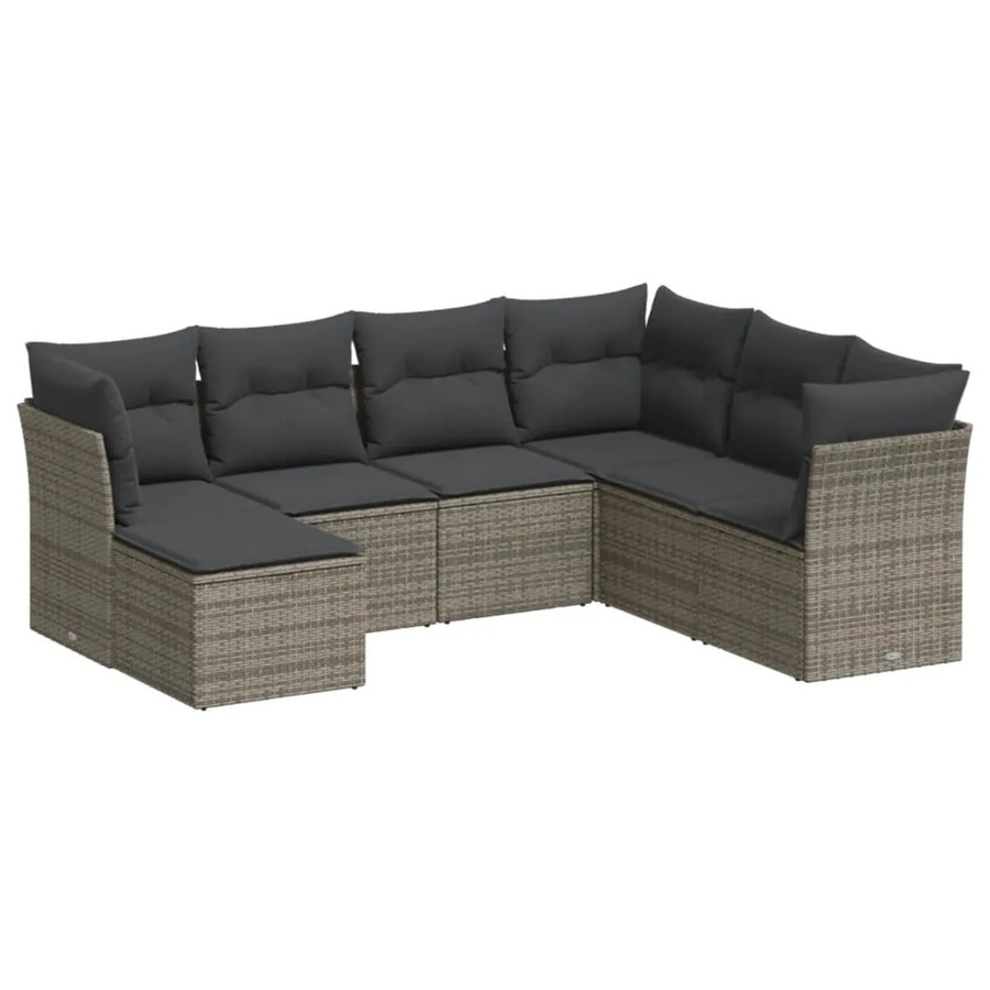 vidaXL 7-tlg Garten-Sofagarnitur in L-Form aus Poly Rattan mit Kissen und Ottoman, Grau - Bild 2