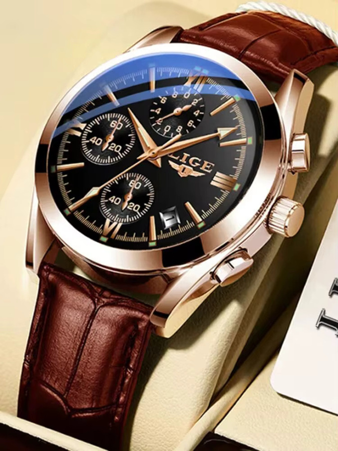 LIGE Chronograph, Quarzuhr, Leder, Schwarz, orange, Herren - Bild 7