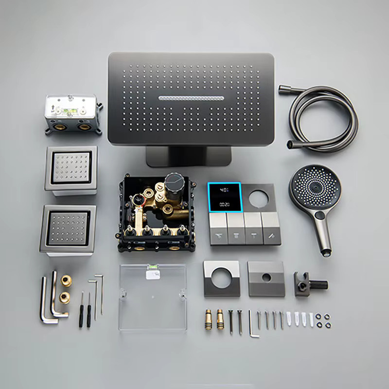 Qlonn LED-Duschset mit Digitaldisplay, 4-Funktionen Regenduschkopf und Unterputz-Thermostatmischer aus Messing in Chrom - Bild 3