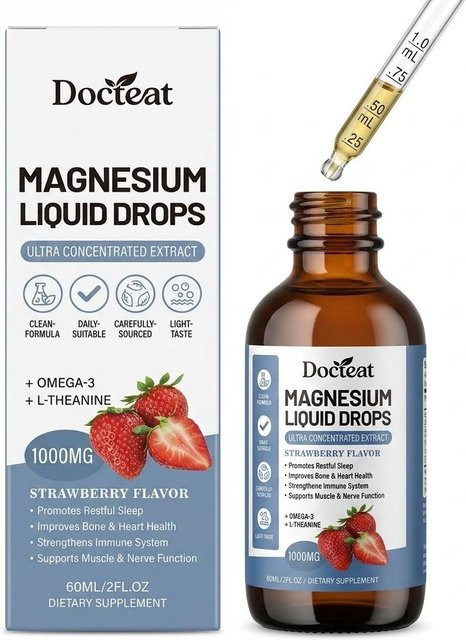 Docteat Magnesium Flüssigkeitstropfen mit L-Theanin & Omega-3, Erdbeergeschmack, 60 ml - Bild 1
