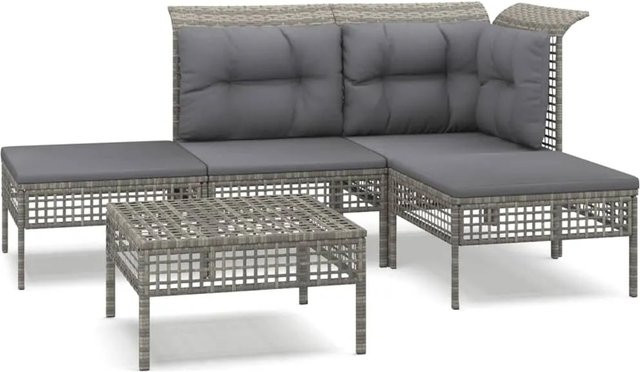 vidaXL 5-tlg Garten-Lounge-Set Modell 48 in Grau aus Poly Rattan mit Kissen und Ottoman in L-Form - Bild 1