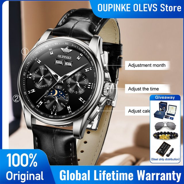 OUPINKE Armbanduhr, Automatik, Chronograph, Mondphase, Lederarmband, Herren - Bild 1