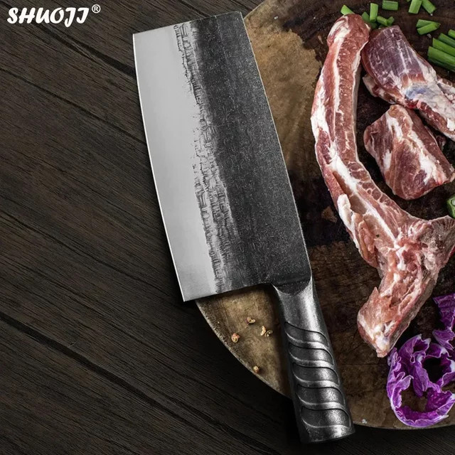 Handgefertigtes Küchenhackmesser von SHUOJI aus Kohlenstoffstahl in Silber mit 4 mm dicker Klinge - Bild 1