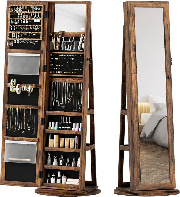 HOMCOM Schmuckschrank mit Ganzkörperspiegel, 360 Grad drehbar, Rustikales Braun, B/T/H: 55 x 55 x 161 cm - Bild 1