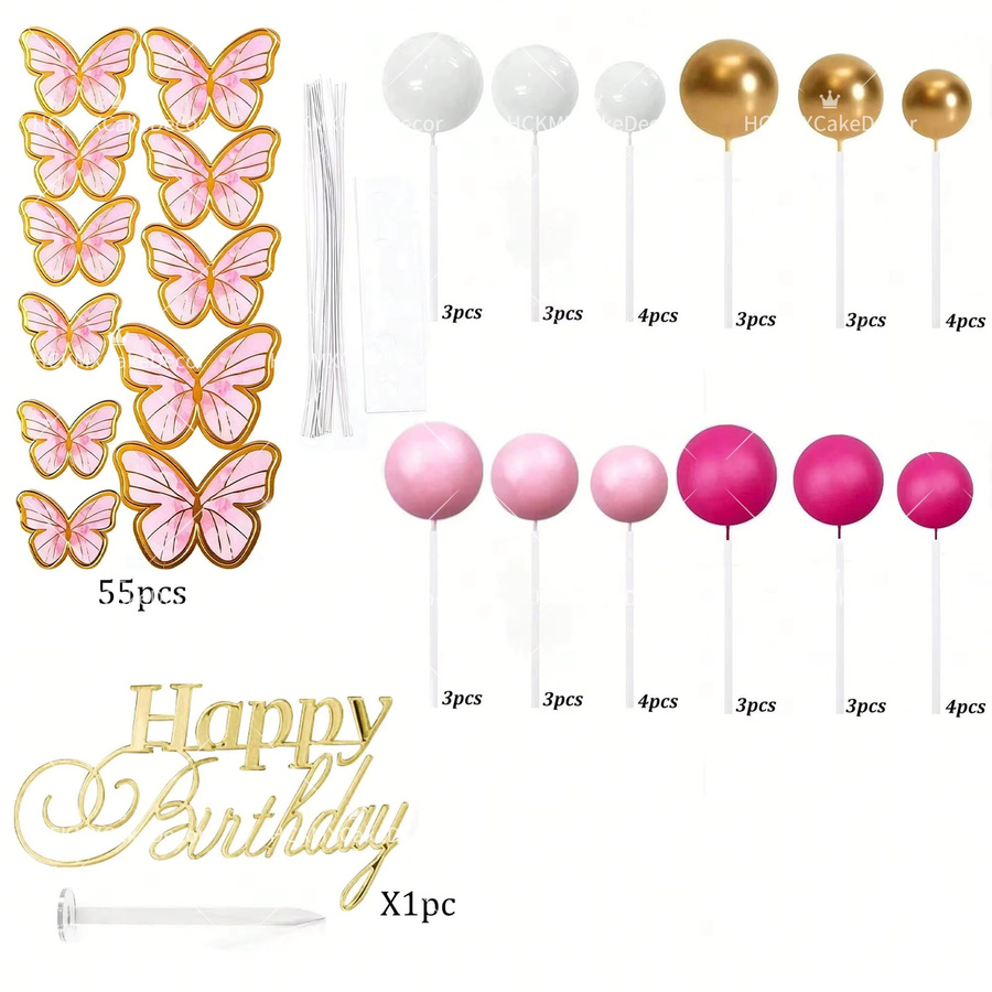 96-teiliges Set Schmetterling Kuchen-Dekoration in Lila, Gold und Grün mit 3D Schmetterlingen und Happy Birthday Topper für deine Geburtstagsfeier oder Babyparty - Bild 2