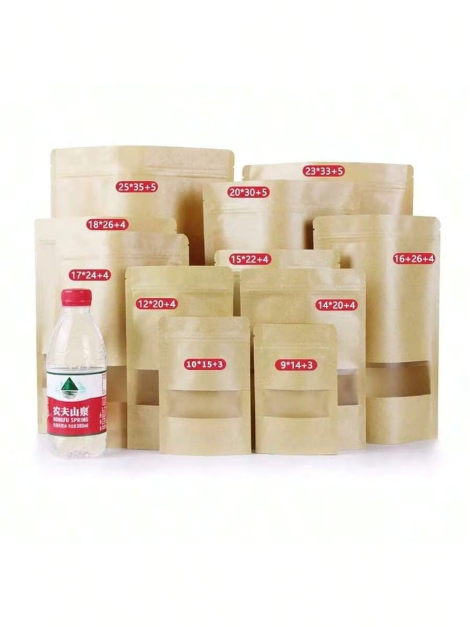 Mattierte Kraft-Reißverschlussbeutel mit Streifenfenster in Braun für Lebensmittel und Geschenkverpackungen, 50/100 Stück - Bild 2