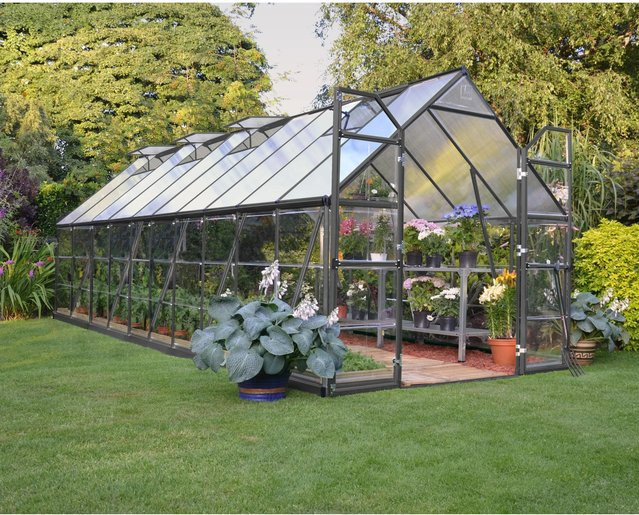 Palram - Canopia Gewächshaus Grau mit Fundamentrahmen und Regenrinnen aus Polycarbonat für die Pflanzenzucht im Garten - Bild 1