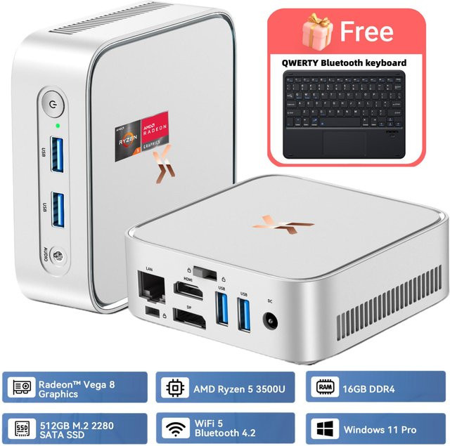 HUIDUN H80 3500U Mini-PC mit AMD Ryzen 5, 16 GB RAM, 512 GB SSD, AMD Radeon RX Vega 8, Windows 11 Pro und Bluetooth Tastatur QWERTY in Silber - Bild 1