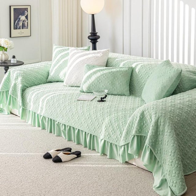Cremefarbener Wohnzimmer-Sofa-Überwurf aus verdicktem Kristall-Samt mit Fleece-Fütterung, Anti-Katzenkratz-Sofaüberzug, B/T: 130 x 17 cm - Bild 1