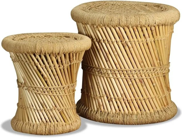 Set aus 2 vidaXL Hockern aus Bambus und Jute in Braun und Beige, rustikales Design mit gewebtem Muster - Bild 1