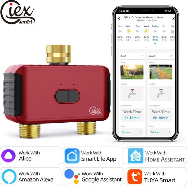 Giexperience WLAN Dual-Zonen Smart Bewässerungstimer in Rot, kompatibel mit Alexa und Google Assistant, ohne Hub für Tropf- und Sprinklerbewässerung - Bild 1
