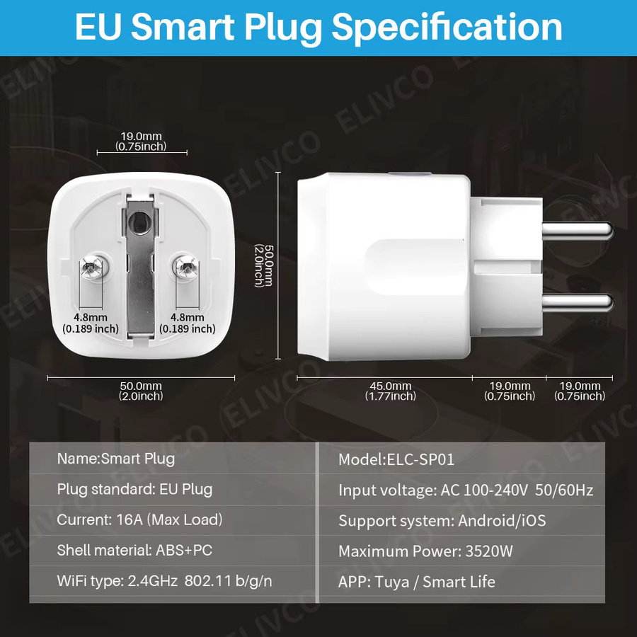 Elivco Tuya Smart Steckdose 16A WLAN-Steckdose in Weiß mit Zeitschaltuhr, Countdown und Energieüberwachung, kompatibel mit Google Assistant, Alexa, Alice und Salute - Bild 2