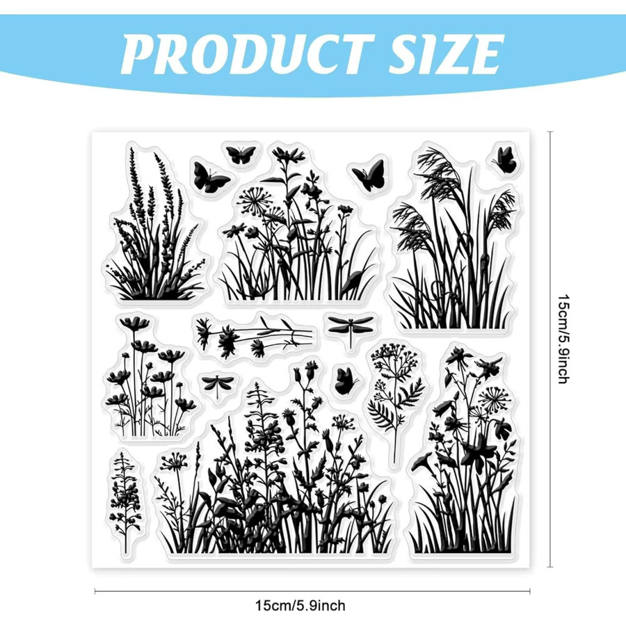Transparente Silikonstempel mit Blumen, Gras und Blättern für DIY Scrapbooking, B/B: 15,0 x 15,0 cm - Bild 1