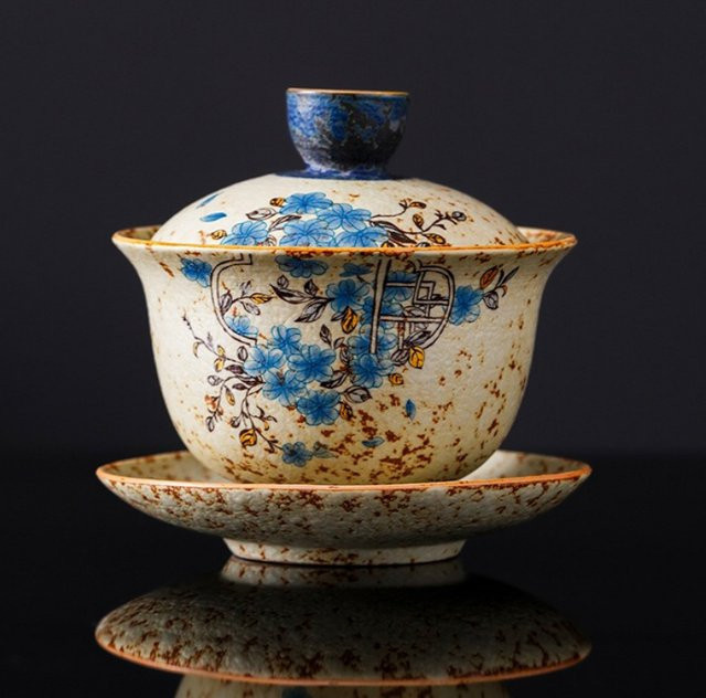 PDQ Keramik-Teeset Flint-Teeschale in Blau und Weiß mit rotem Deckel für Gongfu-Tee - Bild 1
