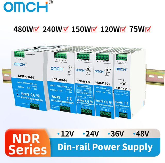 OMCH NDR-Serie AC/DC DIN-Schienen-Schaltnetzteil mit 100–240 oder 200–240 VAC Eingang und 12 V/24 V/36 V/48 V Ausgang - Bild 1