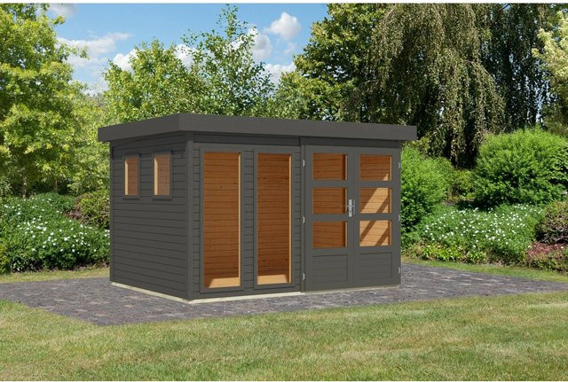 Karibu Gartenhaus Maradi aus Massivholz Fichte in Terragrau mit Flachdach B: 298 cm, T: 211 cm, H: 242 cm - Bild 1