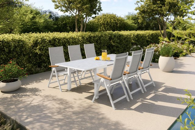 Kettler Garten-Essgruppe aus Aluminium, Teak, Glas und Outdoorgewebe in Weiß Matt und Hellgrau mit Ausziehtisch und 6 Klappstühlen, Tisch B: 100 cm, H: 75 cm, T: 180 bis 240 cm - Bild 1