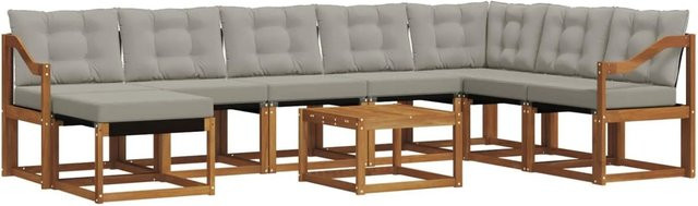 vidaXL Outdoor-Sofagarnitur 9-teilig aus Akazienholz und Textilene in Natur und Hellgrau mit Kissen und Armlehnen - Bild 1