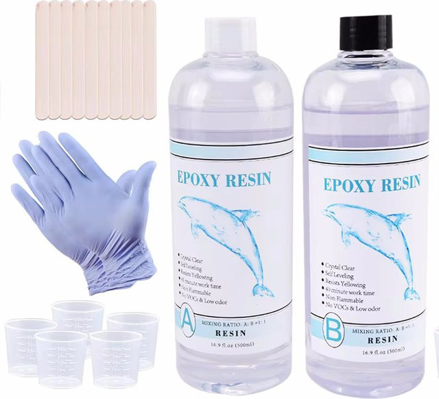 QIAO Epoxidharz-Set mit 1:1 Mischverhältnis, kristallklares Kunstharz in Transparent, inklusive Messbechern, Stab und Silikonhandschuhen - Bild 1