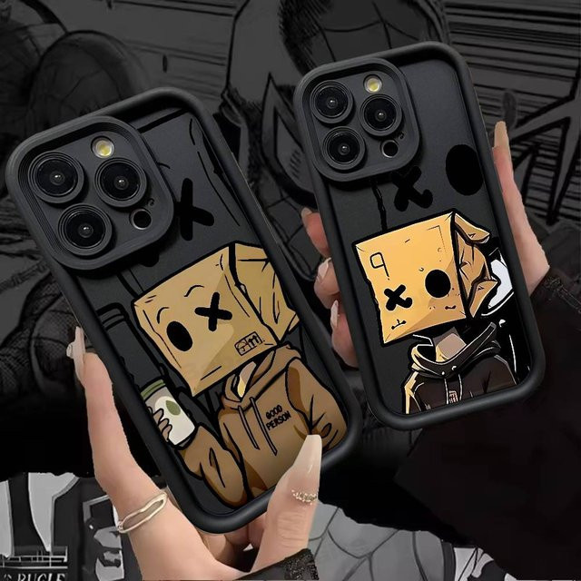 Stoßfeste Handyhülle mit Cartoon-Papiermann-Muster für Apple iPhone 17 16 15 14 13 12 11 Pro Max Plus, Schwarz, weiche Abdeckung - Bild 1