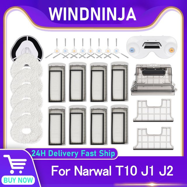 WINDNINJA Zubehör Set für Narwal T10 J1 J2 Roboter Staubsauger mit Mopptuch, Seitenbürste, Primärfilter und Staubbox aus Kunststoff - Bild 1