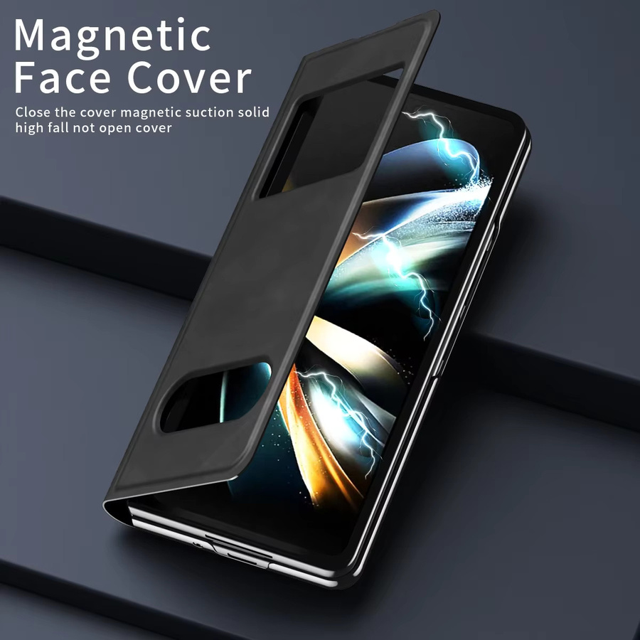 Samsung Klapphülle mit Schiebefenster und magnetischer Halterung für Z Fold 7 6 5 4 3 2, matte Rückseite, Schwarz - Bild 2