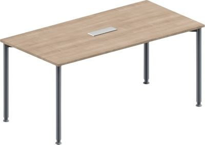 Schäfer Shop Genius Konferenztisch in Eiche-Dekor und Weißalu, rechteckig mit 4-Fuß Rundrohr-Gestell und 3-fach Anschluss, B/T/H: 160 x 80 x 72-84 cm