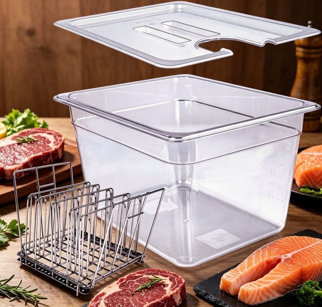 VamsLuna Sous-Vide-Behälter mit 304 Edelstahlrahmenabdeckung und Tauchzirkulations-Unterwasser-Kochsystem, 11 l, Silber/Transparent - Bild 1
