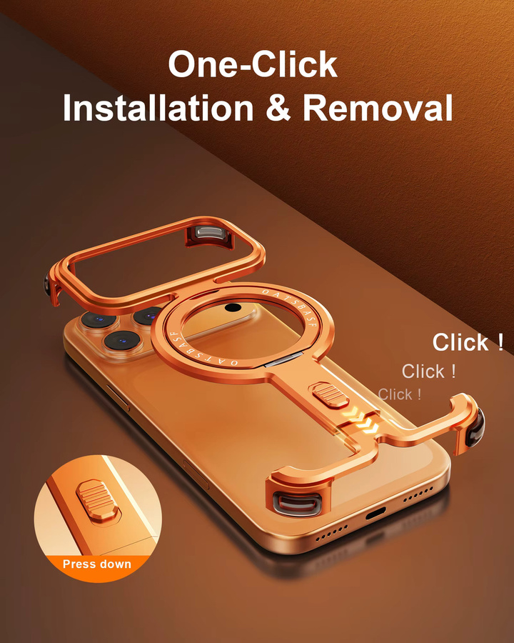 Eary Rahmenlose Handyhülle für iPhone 17 Pro Max und iPhone 17 Pro mit 360 Grad drehbarem magnetischem Ständer aus Aluminium Metall in Schwarz und Orange - Bild 4