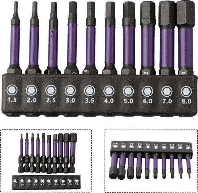 VIBRATITE 10er Set Hex Kopf Schlüssel Bohrer mit magnetischem 1/4 Zoll Quick Release Bit Halter und Schraubendreher Bits in Lila, H1,5-H8 - Bild 1