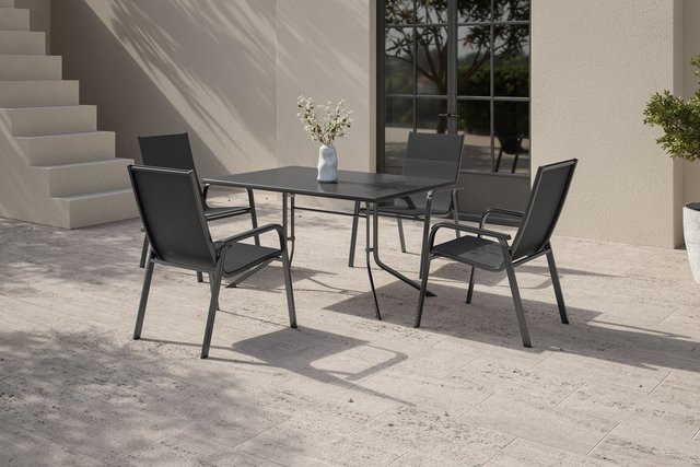 Kettler Boulevard Basic Plus Gartenessgruppe aus Aluminium in Anthrazit mit Klapptisch und 4 Stapelsesseln - Bild 1