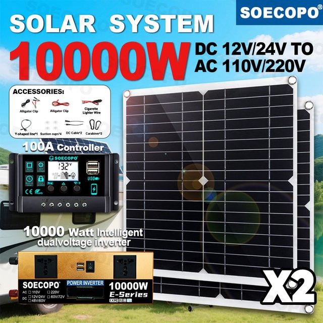 SOECOPO Solarsystem-Kit mit 2x300W Solarmodulen, 10000W Peak, Wechselrichter AC 110V/220V und 100A Laderegler, Schwarz - Bild 1