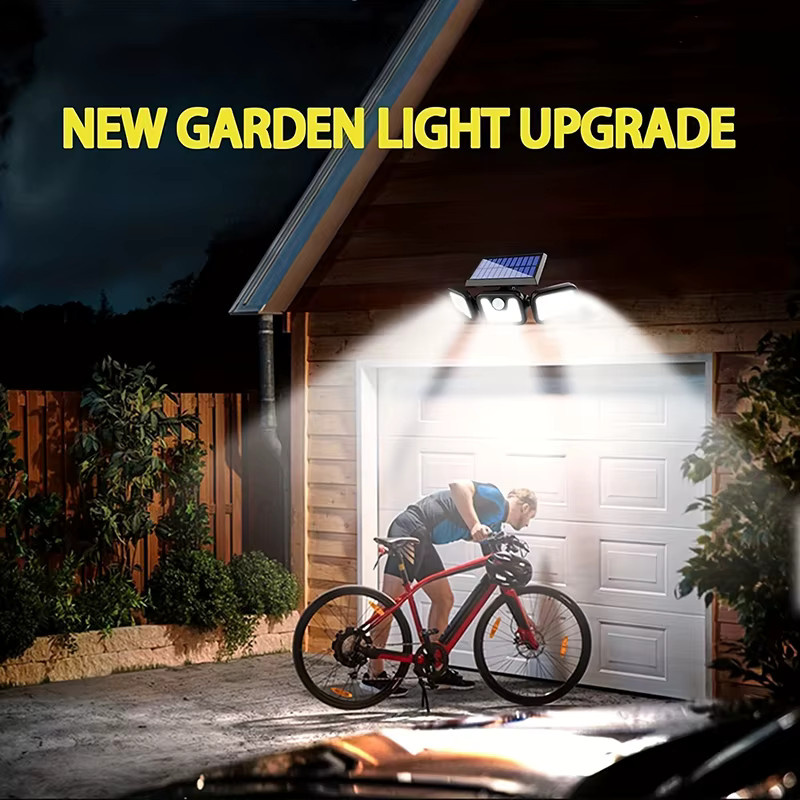 DOUWENXI Solarleuchte mit 74 LED und 3 Köpfen, Bewegungssensor-Wandlampe mit einstellbarer Helligkeit für Außenbereiche wie Haustür, Garage oder Hof - Bild 6
