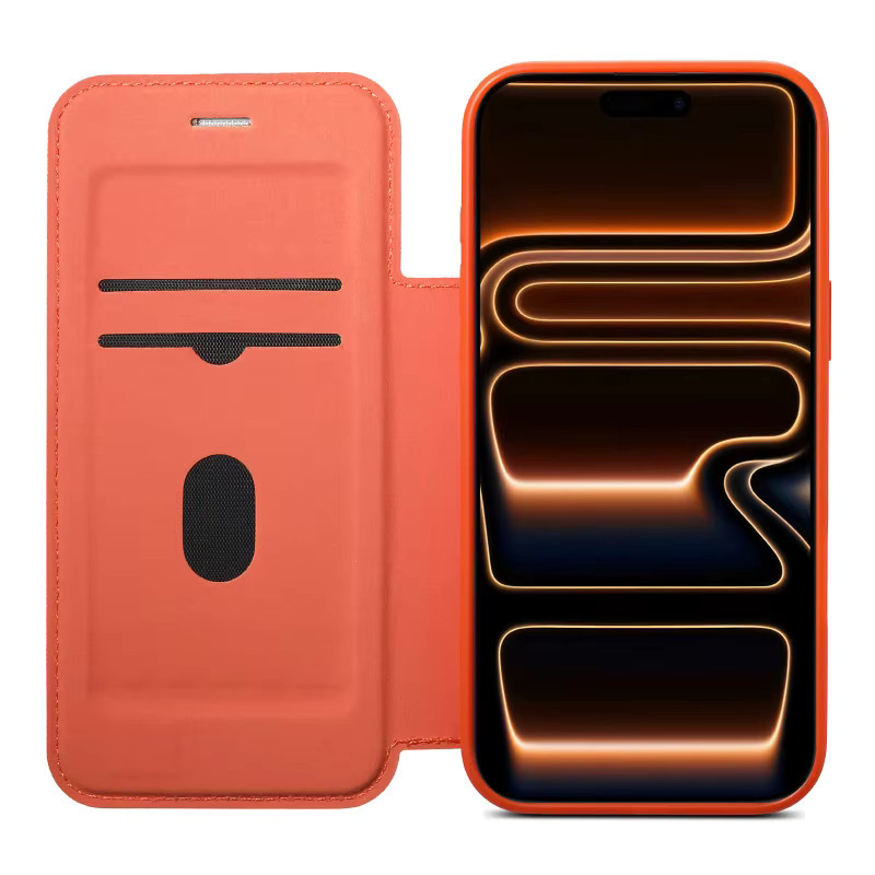 Leder Handyhülle Flip Wallet mit Kartensteckplatz für Apple iPhone 17 16 15 14 13 Pro Max Air Bumper Cover in Blau und Orange - Bild 3
