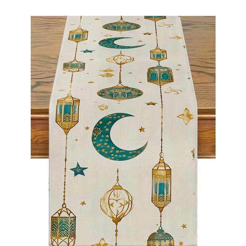 VIKAMA Tischläufer im Ramadan-Stil aus Leinen in Weiß und Gold mit Sternen-Motiv, Rechteckig, Breite: 90 cm, Tiefe: 33 cm - Bild 4