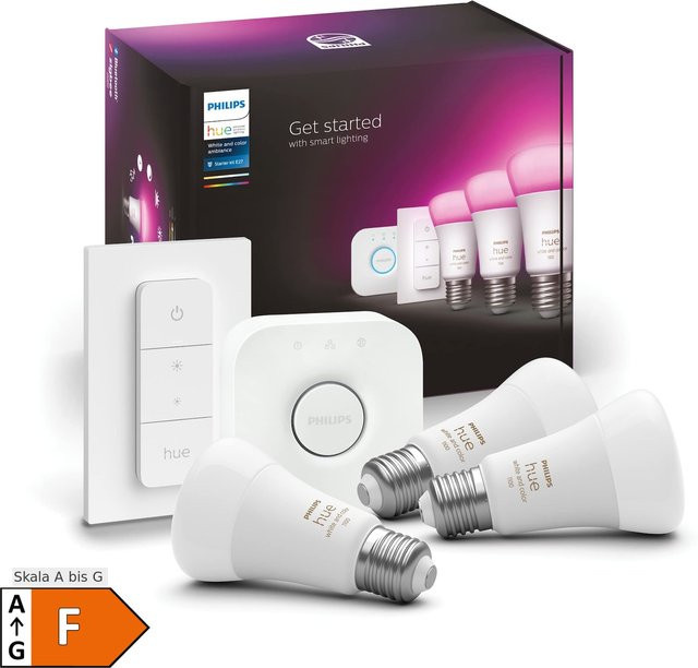 Philips Hue White & Color Ambience LED-Starterset mit 3 E27 A60 Leuchtmitteln, Bridge und Dimmer - Bild 2