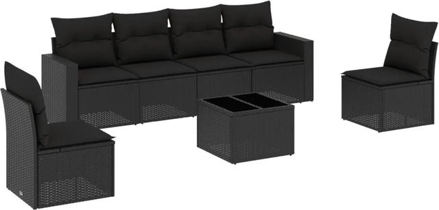 vidaXL 7-tlg. Garten-Sofagarnitur in L-Form aus schwarzem Poly-Rattan mit Tisch und Kissen - Bild 1