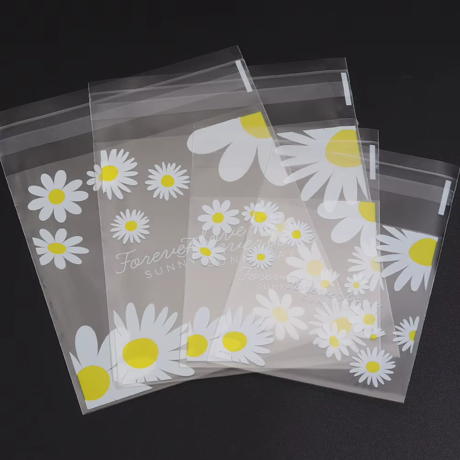 100 Stück transparente Geschenktüten mit Gänseblümchen-Aufdruck, selbstklebende Kunststoff-Verpackungstüten für Hochzeit, Geburtstag und Party - Bild 3