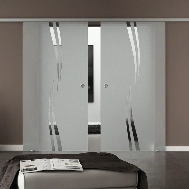 Levidor Doppelglasschiebetür Komplettset Augsburg aus Aluminium mit SoftClose und Griffmuscheln, Farbe: Silber/Weiß, B/H: 65 x 205 cm (2 Stück) - Bild 1