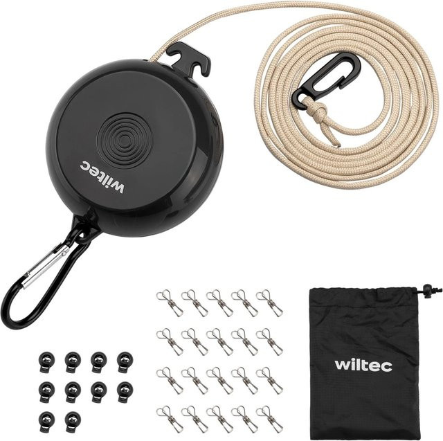 Wiltec Ausziehbare Wäscheleine Schwarz 10 m für Camping und Reisen - Bild 1
