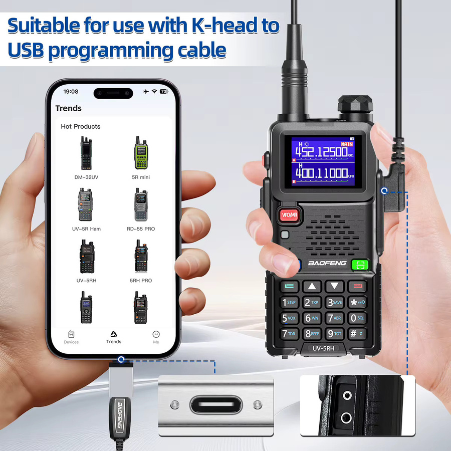 ABBREE USB zu Typ-C Programmierkabel Adapter für Walkie Talkie zur Datenübertragung, Schwarz - Bild 1