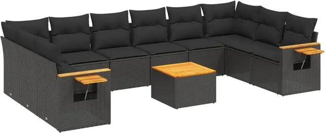 vidaXL 11-tlg Garten-Sofagarnitur aus Poly-Rattan und Akazienholz in Schwarz mit Kissen - Bild 1