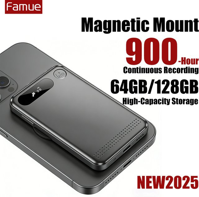Famue L28 Mini Magnetisches Diktiergerät in Schwarz mit Typ-C-Anschluss und 64GB/128GB Speicher für Smartphone-Synchronisation - Bild 1