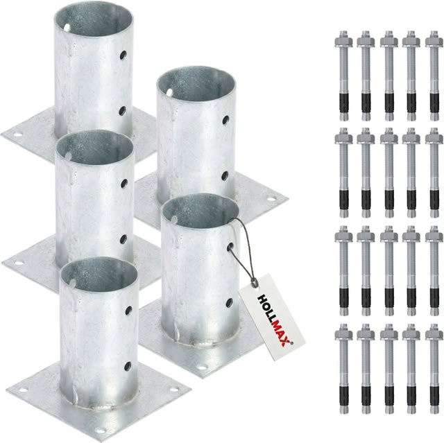 HOLLMAX Pfostenträger Set mit 5 Aufschraubhülsen 80 mm und Schwerlastankern 10 x 100 mm, verzinkt in Silber für Rundholzpfosten - Bild 1