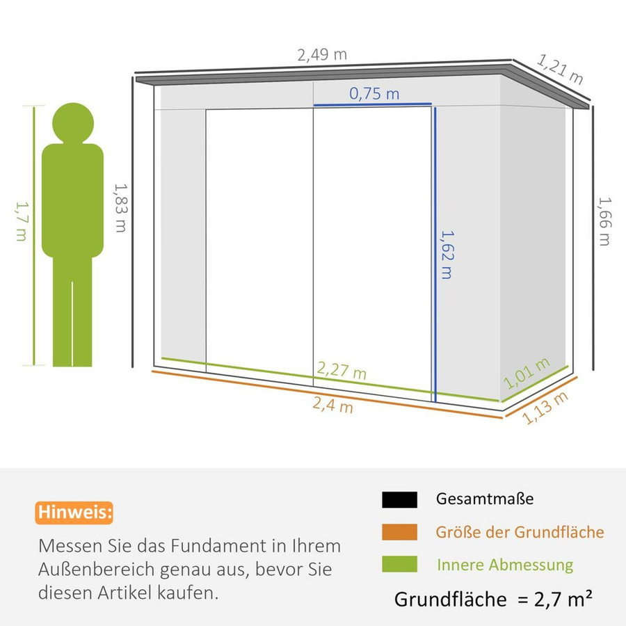 Outsunny Gerätehaus aus verzinktem Stahl in Grün mit Pultdach, Fenster und abschließbaren Doppeltüren, B/T/H: 249 x 121 x 166/183 cm - Bild 5