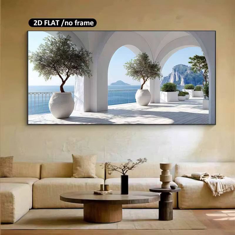 QIPINGART Moderner Leinwand-Kunstdruck Küstenbogen und Olivenbäume in Blau und Multicolour, Rahmenloses Poster mit Naturmotiv für dein Wohnzimmer oder Schlafzimmer - Bild 1
